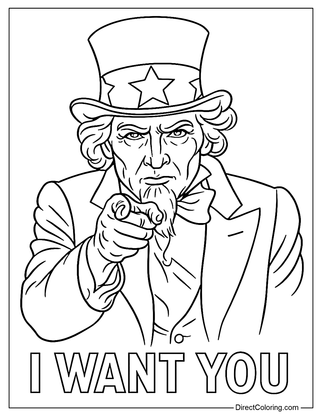 Coloring page of Uncle Sam pointing with the words 